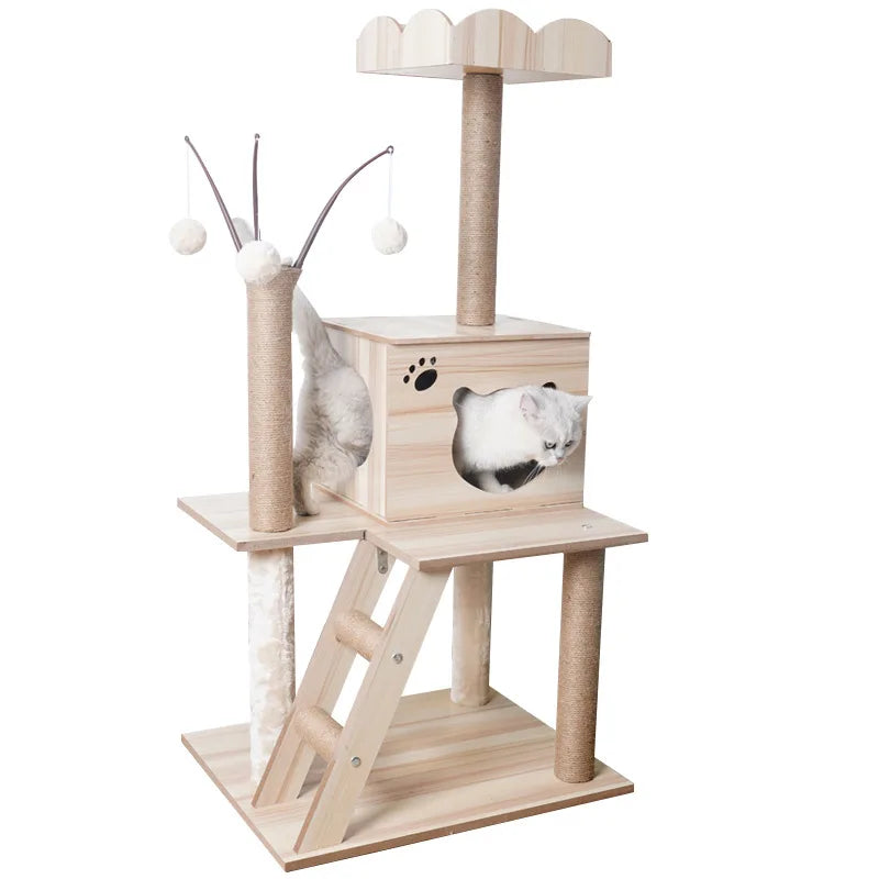 Árbol Rascador para Gatos | Nido Multifuncional de Madera con Poste Sisal