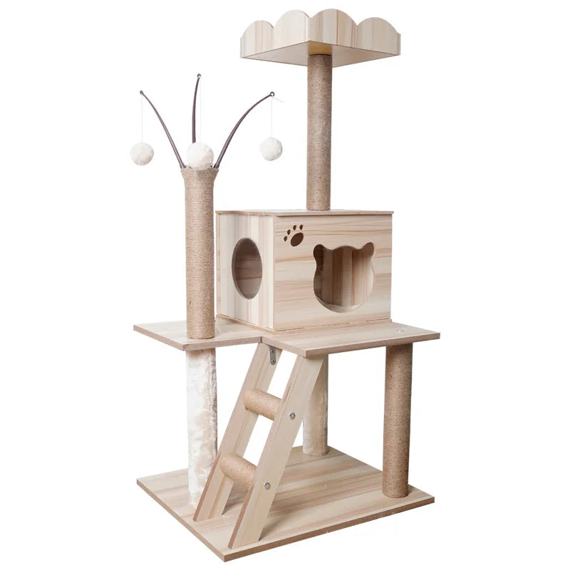 Árbol Rascador para Gatos | Nido Multifuncional de Madera con Poste Sisal