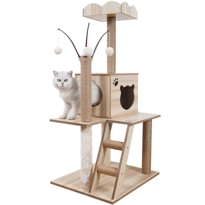 Árbol Rascador para Gatos | Nido Multifuncional de Madera con Poste Sisal