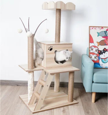 Árbol Rascador para Gatos | Nido Multifuncional de Madera con Poste Sisal