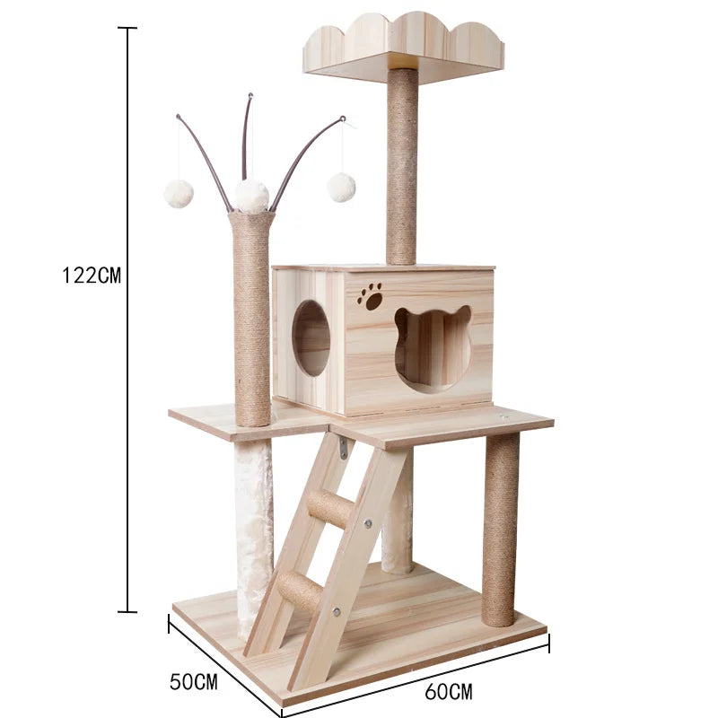 Árbol Rascador para Gatos | Nido Multifuncional de Madera con Poste Sisal