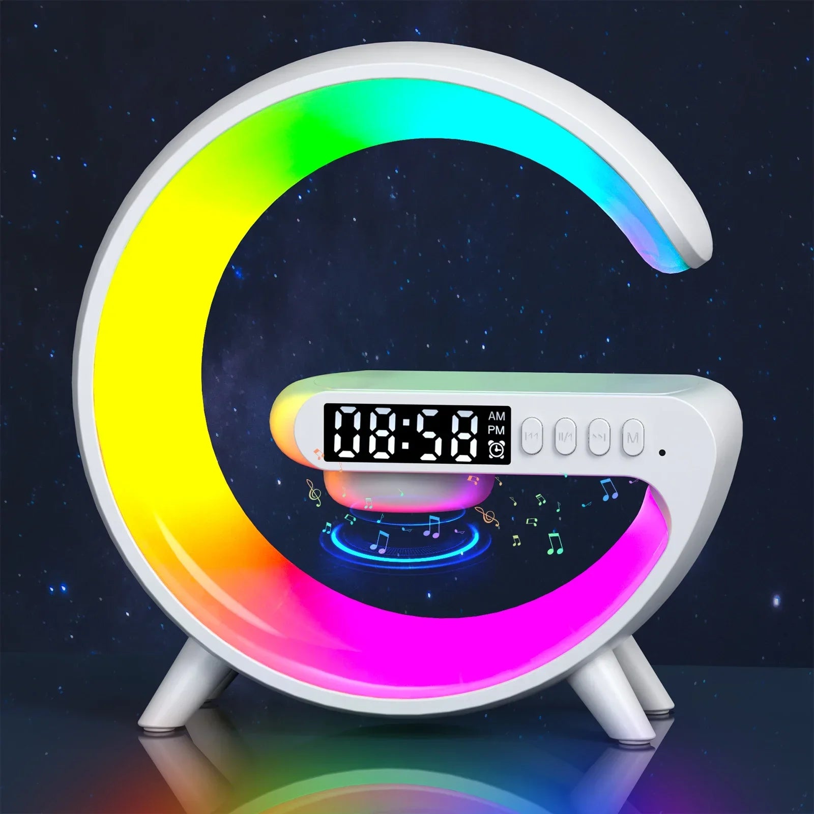 Cargador Inalámbrico 6 en 1 con Altavoz Bluetooth, Reloj Despertador, Carga Rápida 15W, 9 Modos RGB, Lámpara de Noche para Dormitorio, Hogar y Oficina