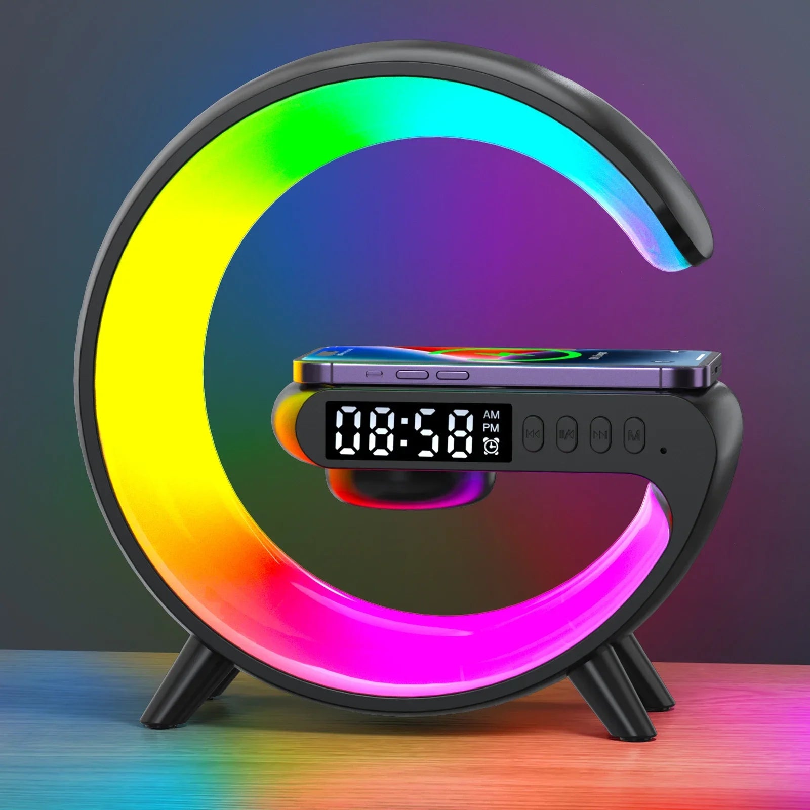Cargador Inalámbrico 6 en 1 con Altavoz Bluetooth, Reloj Despertador, Carga Rápida 15W, 9 Modos RGB, Lámpara de Noche para Dormitorio, Hogar y Oficina