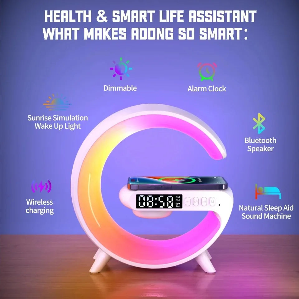 Cargador Inalámbrico 6 en 1 con Altavoz Bluetooth, Reloj Despertador, Carga Rápida 15W, 9 Modos RGB, Lámpara de Noche para Dormitorio, Hogar y Oficina